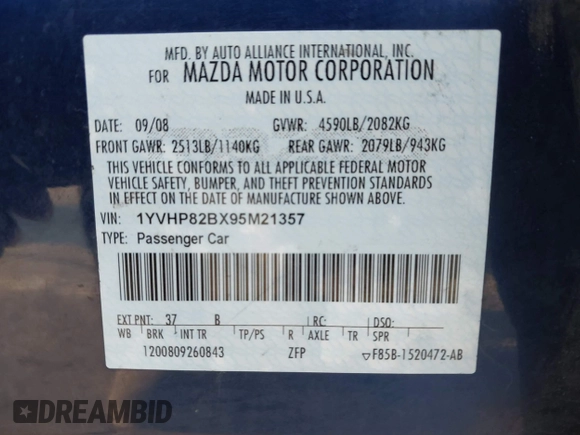 2009 Mazda 6 S Grand Touring with VIN 1YVHP82BX95M21357, listed as a IAAI auction lot 42013043 with 119,701 mi miles and . Bid and sale history available at DreamBid. Image 9.