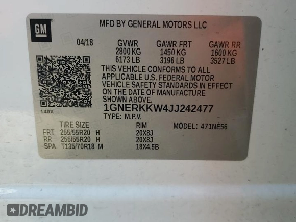 2018 Chevrolet Traverse Premier with VIN 1GNERKKW4JJ242477, listed as a Copart auction lot 50453125 with 133,698 mi miles and Salvage Title. Bid and sale history available at carsss.com. Image 13.