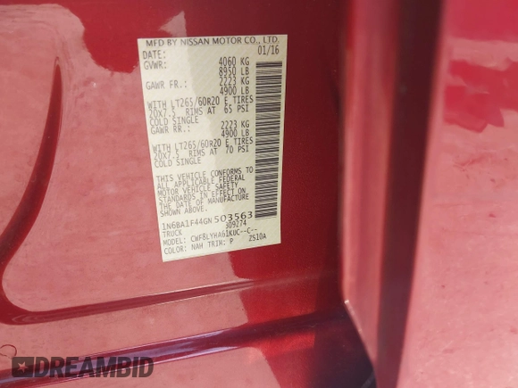 2016 Nissan Titan SL z VIN 1N6BA1F44GN503563, wystawiony jako IAAI lot #41977780 z przebiegiem 126 050 mil mil oraz . Historia ofert i sprzedaży dostępna na DreamBid. Obrazek 9.