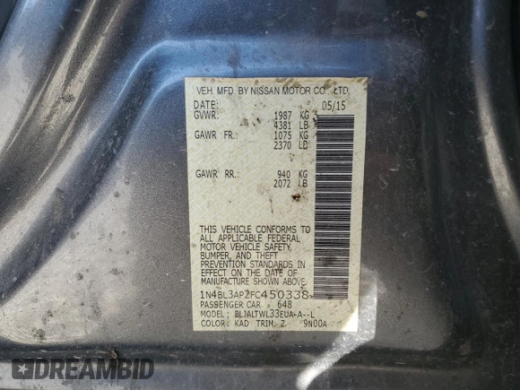 2015 Nissan Altima SL with VIN 1N4BL3AP2FC450338, listed as a Copart auction lot 45697765 with 182,091 mi miles and Salvage title. Bid and sale history available at DreamBid. Image 14.