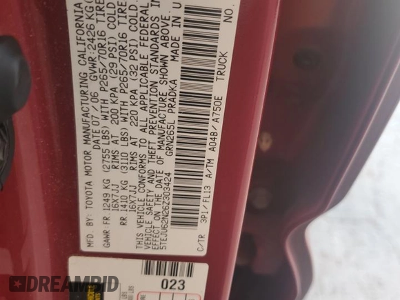 2006 Toyota Tacoma PreRunner z VIN 5TEJU62N26Z303424, wystawiony jako Copart lot #60994085 z przebiegiem 209 792 mil mil oraz Szkoda całkowita • Salvage title. Historia ofert i sprzedaży dostępna na DreamBid. Obrazek 12.