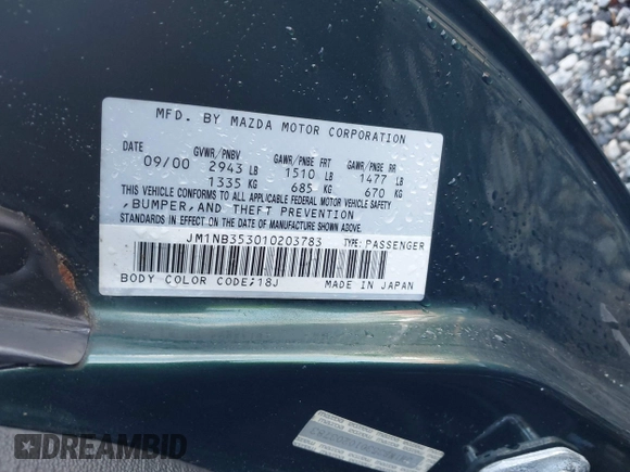 2001 Mazda MX-5 Miata with VIN JM1NB353010203783, listed as a IAAI auction lot 42255348 with 139,080 mi miles and . Bid and sale history available at DreamBid. Image 9.