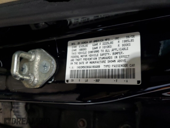2006 Honda Accord LX SE z VIN 1HGCM56366A180489, wystawiony jako Copart lot #59223515 z przebiegiem 215 708 mil mil oraz Szkoda całkowita • Salvage title. Historia ofert i sprzedaży dostępna na DreamBid. Obrazek 12.