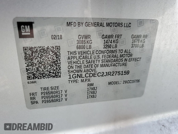 2018 Chevrolet Tahoe Commercial with VIN 1GNLCDEC2JR275159, listed as a Copart auction lot 61337355 with 84,712 mi miles and Salvage title. Bid and sale history available at DreamBid. Image 12.