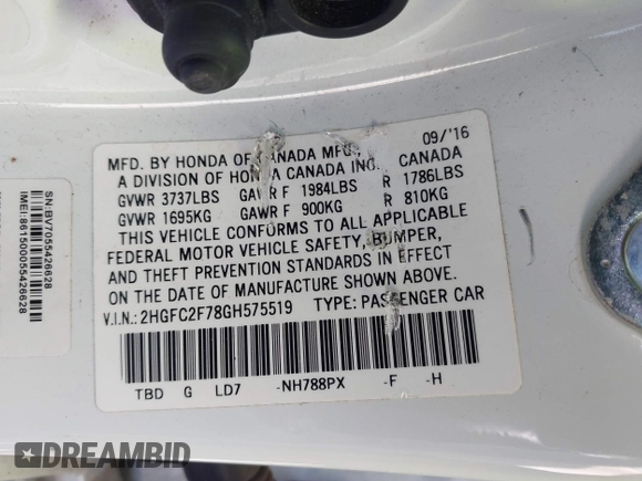 2016 Honda Civic EX with VIN 2HGFC2F78GH575519, listed as a IAAI auction lot 41481067 with 75,694 mi miles and . Bid and sale history available at DreamBid. Image 9.