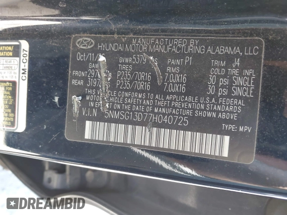 2007 Hyundai Santa Fe GLS z VIN 5NMSG13D77H040725, wystawiony jako IAAI lot #42455271 z przebiegiem 257 819 mil mil oraz . Historia ofert i sprzedaży dostępna na DreamBid. Obrazek 9.