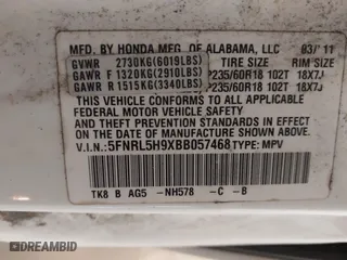 2011 Honda Odyssey Touring with VIN 5FNRL5H9XBB057468, listed as a IAAI auction lot 41405465 with 1 mi miles. Bid and sale history available at carsss.com. Image 9.