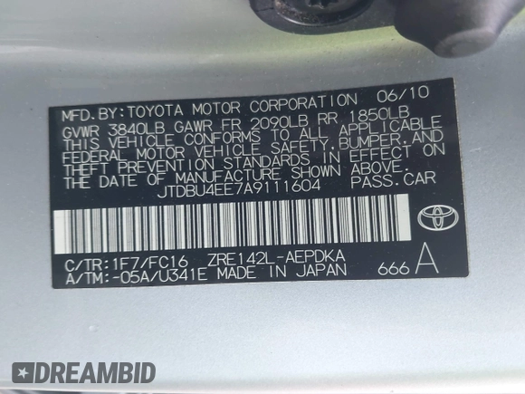 2010 Toyota Corolla with VIN JTDBU4EE7A9111604, listed as a IAAI auction lot 41909665 with Not Provided miles. Bid and sale history available at carsss.com. Image 9.