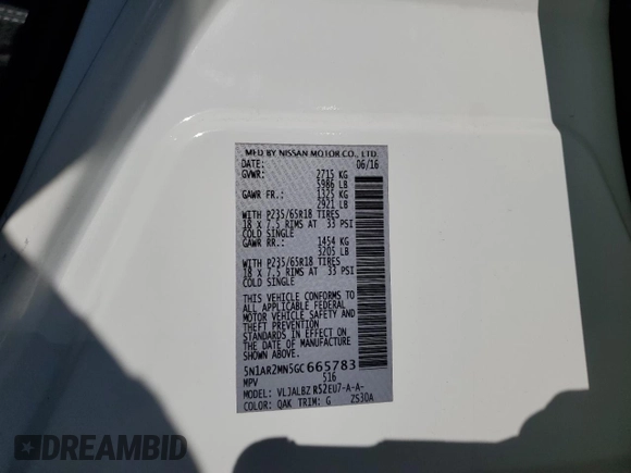 2016 Nissan Pathfinder S with VIN 5N1AR2MN5GC665783, listed as a Copart auction lot 49469725 with 99,647 mi miles and Salvage title. Bid and sale history available at DreamBid. Image 13.