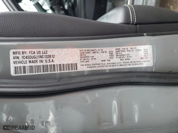 2022 Dodge Durango SRT 392 with VIN 1C4SDJGJ1NC133812, listed as a Copart auction lot 85062594 with 34,867 mi miles and Salvage Title. Bid and sale history available at carsss.com. Image 13.