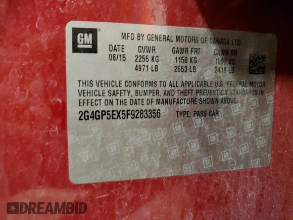 2015 Buick Regal Premium I with VIN 2G4GP5EX5F9283356, listed as a Copart auction lot 85056394 with 99,880 mi miles and Clean title. Bid and sale history available at DreamBid. Image 14.