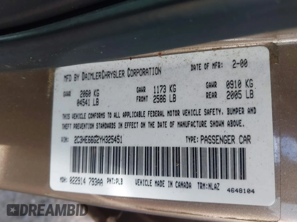 2000 Chrysler 300M M with VIN 2C3HE66G2YH325451, listed as a IAAI auction lot 41680818 with 161,976 mi miles and . Bid and sale history available at DreamBid. Image 9.