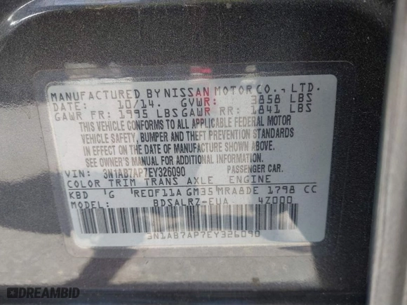 2014 Nissan Sentra SV with VIN 3N1AB7AP7EY326090, listed as a IAAI auction lot 41741862 with 189,914 mi miles. Bid and sale history available at carsss.com. Image 9.