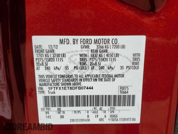 2013 Ford F-150 XL with VIN 1FTFX1ET8DFB07444, listed as a Copart auction lot 54358495 with 102,629 mi miles and Clean Title. Bid and sale history available at carsss.com. Image 12.