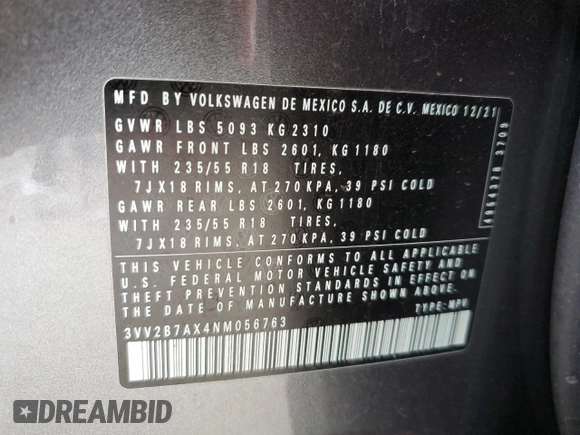 2022 Volkswagen Tiguan SE с VIN 3VV2B7AX4NM056763, выставлен на аукционе Copart как лот 61078065 с пробегом Не указан миль и На запчасти • Non repairable. История ставок и продаж доступна на DreamBid. Изображение 14.
