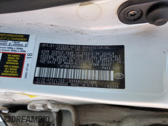 2013 Toyota Avalon XLE с VIN 4T1BK1EB5DU040765, выставлен на аукционе Copart как лот 57907955 с пробегом 147 231 миль миль и Списание • Salvage title. История ставок и продаж доступна на DreamBid. Изображение 13.