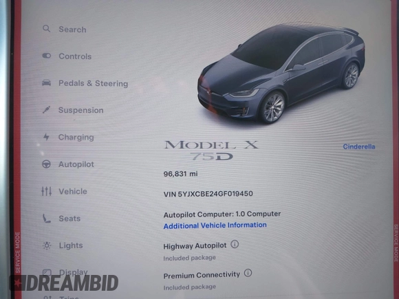 2016 Tesla Model X 70D with VIN 5YJXCBE24GF019450, listed as a IAAI auction lot 41517321 with 96,831 mi miles. Bid and sale history available at carsss.com. Image 7.