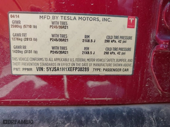 2014 Tesla Model S 60 kWh Battery with VIN 5YJSA1H1XEFP38289, listed as a IAAI auction lot 42092052 with 75,668 mi miles. Bid and sale history available at carsss.com. Image 9.