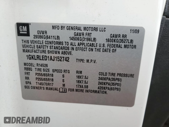 2010 GMC Acadia SLE with VIN 1GKLRLED1AJ152742, listed as a Copart auction lot 89223145 with 195,656 mi miles and Salvage Title. Bid and sale history available at DreamBid. Image 13.