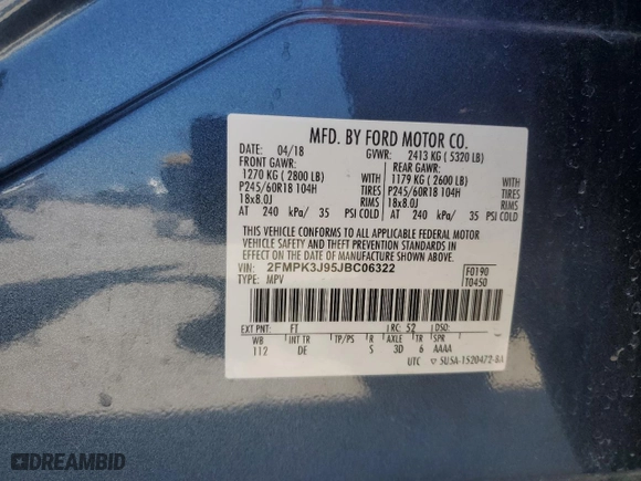 2018 Ford Edge SEL with VIN 2FMPK3J95JBC06322, listed as a Copart auction lot 50491455 with 89,736 mi miles and Salvage Title. Bid and sale history available at carsss.com. Image 15.