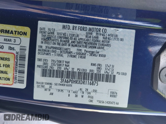 2013 Ford Fusion SE with VIN 3FA6P0HRXDR116875, listed as a IAAI auction lot 42286563 with 246,815 mi miles and . Bid and sale history available at DreamBid. Image 9.
