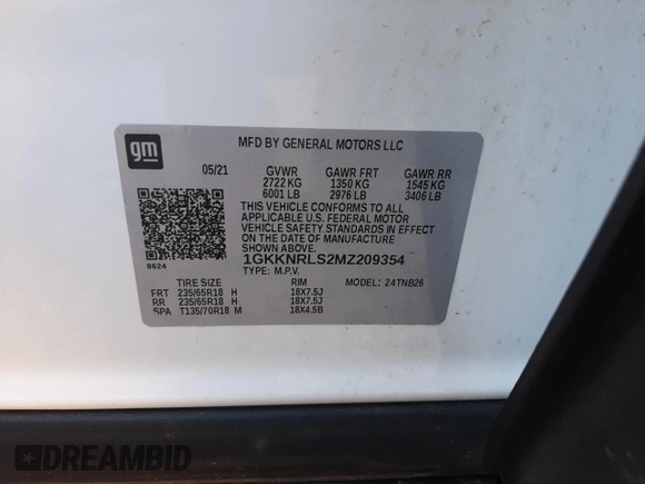 2021 GMC Acadia SLE with VIN 1GKKNRLS2MZ209354, listed as a Copart auction lot 75448104 with 49,011 mi miles and Salvage Title. Bid and sale history available at DreamBid. Image 13.