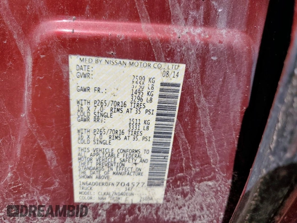 2015 Nissan Frontier SV with VIN 1N6AD0ER0FN704577, listed as a Copart auction lot 61860725 with Not provided miles and Salvage title. Bid and sale history available at DreamBid. Image 12.