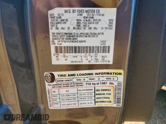 2013 Ford F-150 XL with VIN 1FTFW1CF8DKE32876, listed as a Copart auction lot 58246815 with 165,102 mi miles and Salvage title. Bid and sale history available at DreamBid. Image 12.