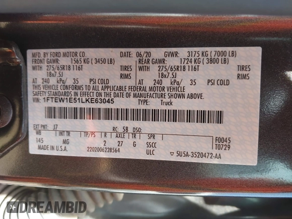 2020 Ford F-150 XL with VIN 1FTEW1E51LKE63045, listed as a IAAI auction lot 42448422 with 25,763 mi miles and . Bid and sale history available at DreamBid. Image 9.