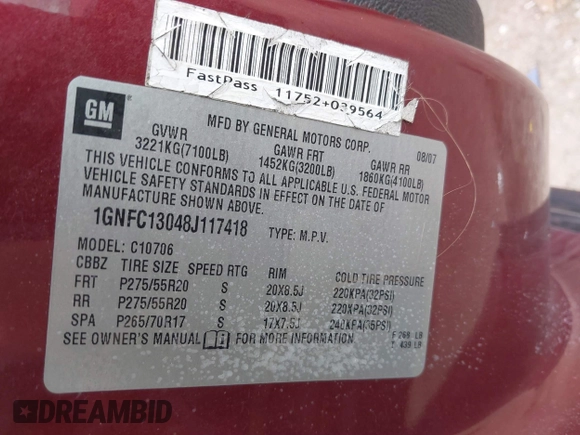 2008 Chevrolet Tahoe 3LT with VIN 1GNFC13048J117418, listed as a IAAI auction lot 41707093 with 232,410 mi miles and . Bid and sale history available at DreamBid. Image 9.