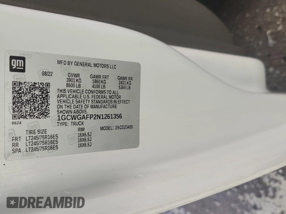 2022 Chevrolet Express Cargo with VIN 1GCWGAFP2N1261356, listed as a IAAI auction lot 42670346 with 63,269 mi miles and . Bid and sale history available at DreamBid. Image 26.