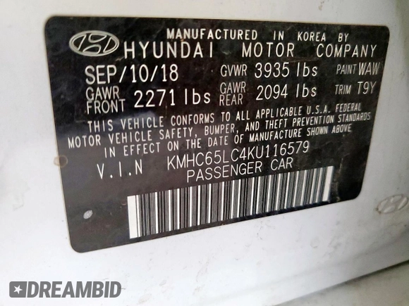 2019 Hyundai Ioniq Blue with VIN KMHC65LC4KU116579, listed as a Copart auction lot 60928635 with 153,495 mi miles and Salvage title. Bid and sale history available at DreamBid. Image 12.