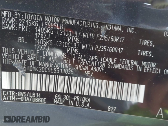 2014 Toyota Sienna XLE with VIN 5TDYK3DC9ES511035, listed as a IAAI auction lot 41884115 with 153,071 mi miles. Bid and sale history available at carsss.com. Image 9.