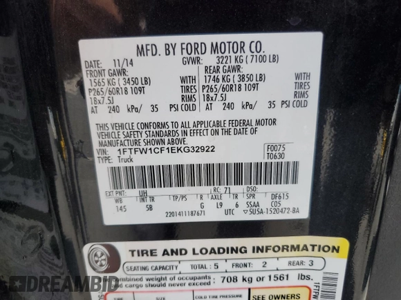 2014 Ford F-150 XL with VIN 1FTFW1CF1EKG32922, listed as a Copart auction lot 61793425 with 142,303 mi miles and Salvage title. Bid and sale history available at DreamBid. Image 13.