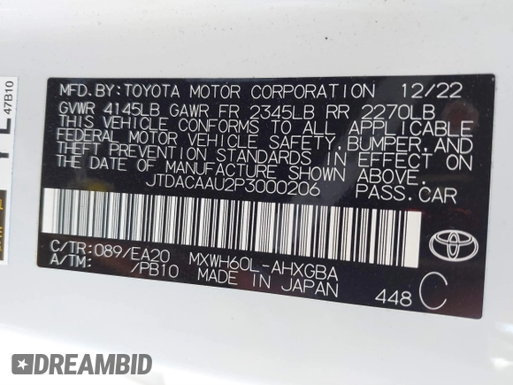 2023 Toyota Prius LE with VIN JTDACAAU2P3000206, listed as a IAAI auction lot 41842052 with 36,490 mi miles. Bid and sale history available at carsss.com. Image 9.