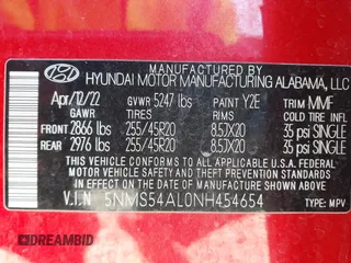 2022 Hyundai Santa Fe Calligraphy with VIN 5NMS54AL0NH454654, listed as a IAAI auction lot 41826372 with 63,314 mi miles. Bid and sale history available at carsss.com. Image 9.