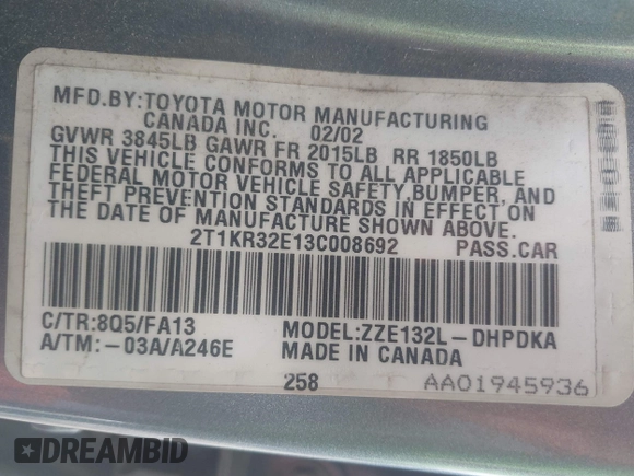 2003 Toyota Matrix Std z VIN 2T1KR32E13C008692, wystawiony jako IAAI lot #42409824 z przebiegiem 230 497 mil mil oraz . Historia ofert i sprzedaży dostępna na DreamBid. Obrazek 9.
