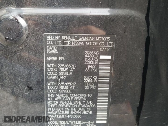2017 Nissan Rogue SV with VIN KNMAT2MT4HP610630, listed as a Copart auction lot 61088995 with 83,885 mi miles and Salvage title. Bid and sale history available at DreamBid. Image 13.