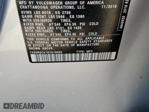 2019 Volkswagen Atlas SE with VIN 1V2UR2CA1KC518092, listed as a Copart auction lot 57265695 with 96,902 mi miles and Salvage title. Bid and sale history available at DreamBid. Image 13.