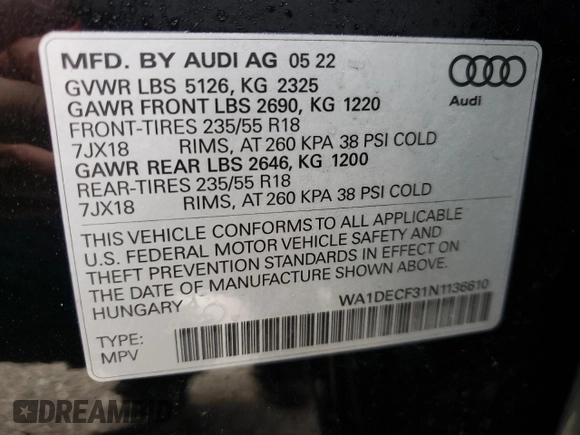 2022 Audi Q3 S line Premium with VIN WA1DECF31N1136610, listed as a Copart auction lot 36377173 with 2,840 mi miles. Bid and sale history available at carsss.com. Image 13.
