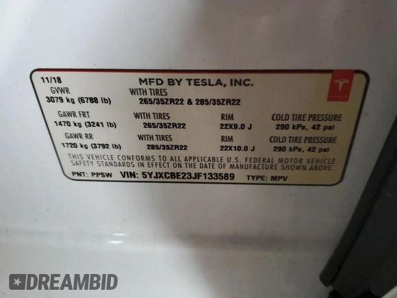 2018 Tesla Model X 75D with VIN 5YJXCBE23JF133589, listed as a Copart auction lot 55573715 with 89,234 mi miles and Salvage Title. Bid and sale history available at DreamBid. Image 14.