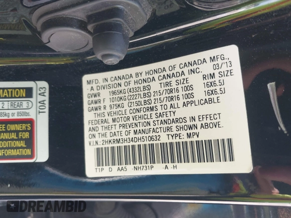 2013 Honda CR-V LX with VIN 2HKRM3H34DH510632, listed as a IAAI auction lot 42683204 with 110,690 mi miles and . Bid and sale history available at DreamBid. Image 9.