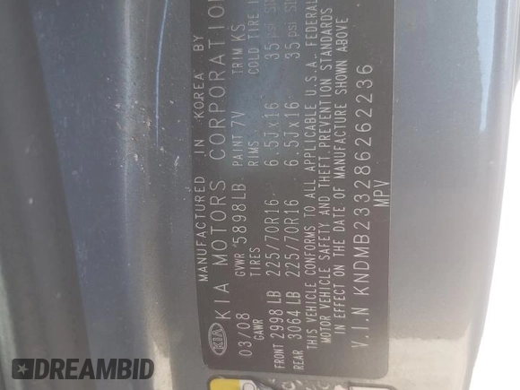 2008 Kia Sedona LX with VIN KNDMB233286262236, listed as a Copart auction lot 78311374 with Not Provided miles and Salvage Title. Bid and sale history available at carsss.com. Image 13.