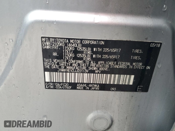 2018 Toyota RAV4 XLE with VIN JTMRFREV2JJ221139, listed as a Copart auction lot 50229375 with 175,597 mi miles and Salvage Title. Bid and sale history available at DreamBid. Image 13.