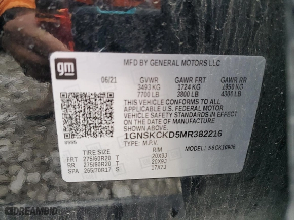 2021 Chevrolet Suburban LT with VIN 1GNSKCKD5MR382216, listed as a Copart auction lot 80243284 with 121,332 mi miles and Salvage Title. Bid and sale history available at carsss.com. Image 13.