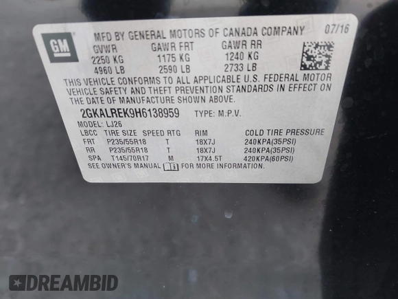 2017 GMC Terrain Denali z VIN 2GKALREK9H6138959, wystawiony jako IAAI lot #41798165 z przebiegiem 131 164 mil mil oraz . Historia ofert i sprzedaży dostępna na DreamBid. Obrazek 9.