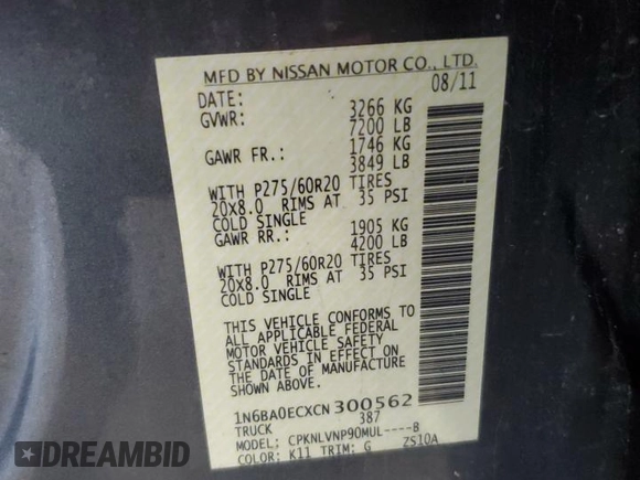 2012 Nissan Titan SL with VIN 1N6BA0ECXCN300562, listed as a Copart auction lot 58244125 with 131,595 mi miles and Salvage title. Bid and sale history available at DreamBid. Image 13.