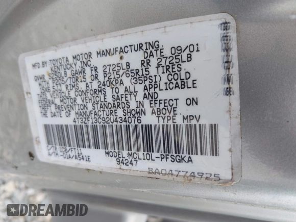 2002 Toyota Sienna LE with VIN 4T3ZF13C92U434076, listed as a IAAI auction lot 42132585 with 243,661 mi miles and . Bid and sale history available at DreamBid. Image 9.