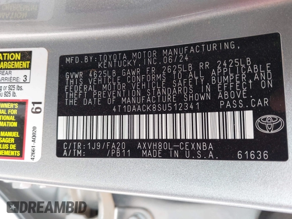 2025 Toyota Camry LE with VIN 4T1DAACK8SU512341, listed as a IAAI auction lot 42210426 with 14,276 mi miles and . Bid and sale history available at DreamBid. Image 9.