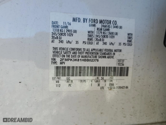 2017 Ford Edge Titanium with VIN 2FMPK3K81HBB02376, listed as a Copart auction lot 83422534 with 122,899 mi miles and Salvage Title. Bid and sale history available at carsss.com. Image 13.